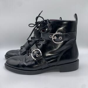 Marc Jacobs Women 6 Patent Leather Taylor Lace Up Moto Boots Grunge Buckle Ankle